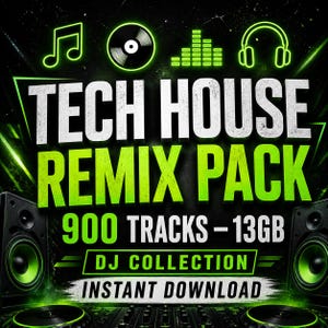 Könnte beinhalten: Eine Werbegrafik für eine DJ-Sammlung. Die Worte "TECH HOUSE REMIX PACK" stehen in großen weißen und grünen Buchstaben. Die Grafik enthält Noten, eine Schallplatte, Kopfhörer und den Text "900 TRACKS - 13GB" und "INSTANT DOWNLOAD."