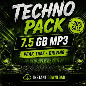 Può includere: Grafica promozionale per un pacchetto di musica techno. Il design presenta le parole "Techno Pack" in bianco e verde, insieme a "7.5 GB MP3" e "Peak Time • Driving". È presente un badge "-30% Sale". L'immagine include attrezzature da DJ e altoparlanti.