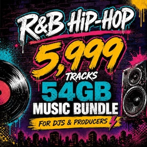 Può includere: Una grafica vivace che promuove un pacchetto musicale R&B e Hip-Hop. Il design presenta il testo "R&B HIP-HOP", "5.999 TRACKS" e "54GB MUSIC BUNDLE" con un disco in vinile e un altoparlante. È incluso anche il testo "FOR DJS & PRODUCERS".