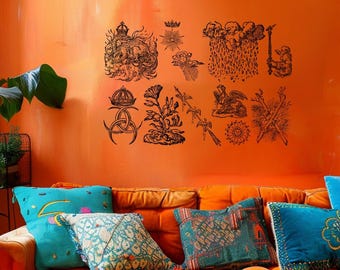 Vinilos decorativos de pared con emblemas ocultistas negros, símbolos celestiales vintage, decoración gótica académica.