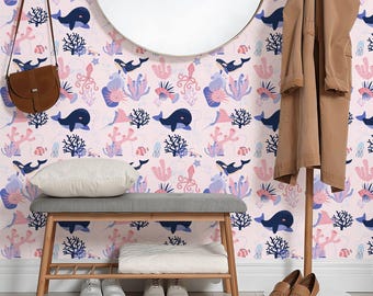 Papel pintado autoadhesivo con temática oceánica, mural rosa para habitación infantil, decoración para habitaciones infantiles bajo el mar.