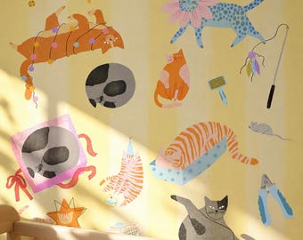 Papel pintado con gatos juguetones, decoración de pared con ilustraciones coloridas de gatitos, para la habitación de los niños (autoadhesivo).