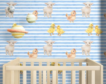 Papel pintado infantil con rayas azules y animales de granja en acuarela, mural autoadhesivo para pared.