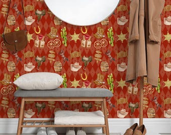 Papel pintado vaquero del oeste autoadhesivo, decoración para habitaciones infantiles con caballos y cactus.