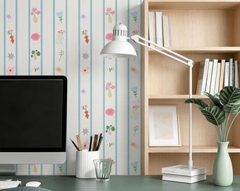 Papel pintado floral a rayas azules, decoración de pared caprichosa pintada a mano, acento para habitación infantil de niñas