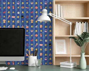Papel pintado autoadhesivo con diseño de circo en acuarela azul, decoración de pared para habitación infantil con temática de carnaval.