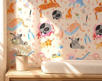 Whimsical Cat Wallpaper, Illustrated Kitty Wall Decor, Nursery Playroom Accent Wall