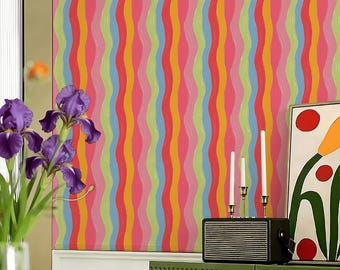Papel pintado autoadhesivo de rayas de colores, ideal para la habitación del bebé o de los niños (mural de pared removible).