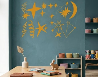 Vinilos decorativos de estrellas ilustradas para pared, pegatinas celestiales para la habitación infantil, arte autoadhesivo para la habitación de los niños.