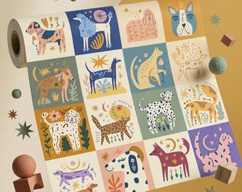 Papel pintado autoadhesivo con estampado de perro, ideal para la habitación del bebé o de los niños. Mural de pared removible.