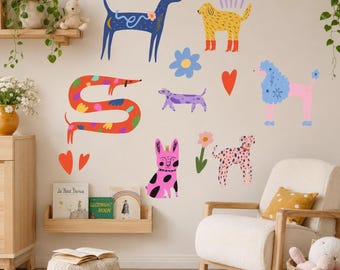 Vinilos decorativos de perros juguetones para pared: Juego de vinilos autoadhesivos de PVC impermeables (2 unidades de 30 x 91 cm)
