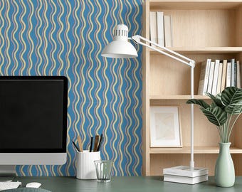 Papel pintado autoadhesivo de rayas onduladas azules, decoración para habitación infantil, mural de pared removible