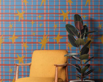 Papel pintado autoadhesivo con estampado de estrellas y cuadros, ideal para decorar la pared de la habitación infantil.
