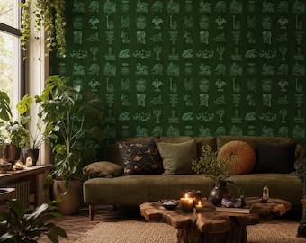 Papel pintado con emblema botánico gótico verde oscuro, estilo vintage ocultista (removible)