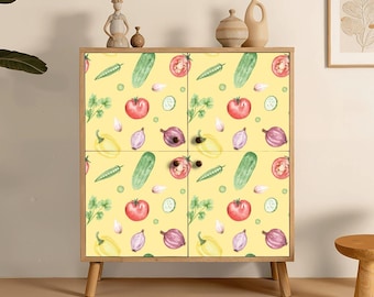 Papel pintado de cocina con diseño de verduras en acuarela amarilla, mural de pared autoadhesivo y removible.
