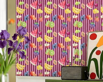 Papel pintado autoadhesivo con rayas rosas y frutas en acuarela, mural de pared removible