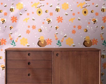 Papel pintado infantil de abeja morada, mural de pared autoadhesivo de abejorros para habitación infantil.