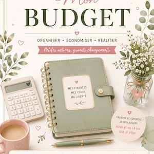 Peut inclure: Un planificateur aux tons pastel avec le titre "Mon Budget" et les mots "Organiser, Économiser, Réaliser". Il comprend une calculatrice, une tasse de café et un journal avec le texte "Mes Finances, Mes Choix, Ma Liberté". Un stylo et un petit vase de fleurs sont également présents.