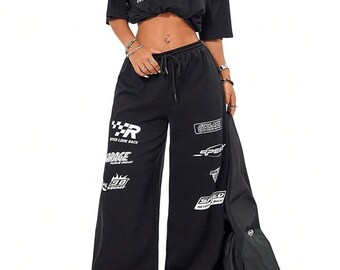 Y2K Graphic Sweatpants, Harajuku Streetwear Pants, Baggy Wide Leg Joggers, Gothic Aesthetic Clothing, Oversized Hip Hop Trousers