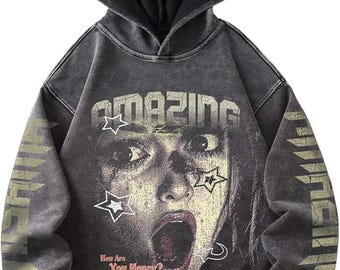 Y2K Oversized Graphic Hoodie, Baggy Streetwear Sweatshirt, Trendy Pullover Hoodie, Aesthetic Urban Fashion, Unisex Casual Wear