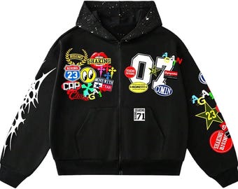 Y2K Graphic Zip Up Hoodie Men, Oversized Streetwear Jacket, Harajuku Patch Hoodie, Baggy Urban Sweatshirt, Trendy Unisex Fashion