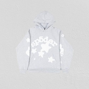 May include: A light gray hoodie with a hood and a kangaroo pocket. The front features the word "sp5der" in white, along with white star graphics. The sleeves also have white graphics. The hoodie is made of a soft, comfortable material.