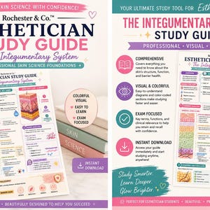 May include: Two study guides for estheticians. The guides are titled "Esthetician Study Guide: The Integumentary System" and include detailed diagrams and key terms. The guides are designed to help students master skin science.