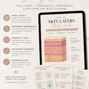 May include: A digital study guide for estheticians, titled "Skin Layers Study Guide." The guide covers skin layers, ingredients, and treatments. Includes diagrams of skin layers, ingredient pairings, and ingredient actions.
