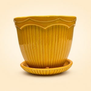 Vintage McCoy MCP 635 Bright Yellow Ribbed Planter Attached Saucer USA Pottery MCM