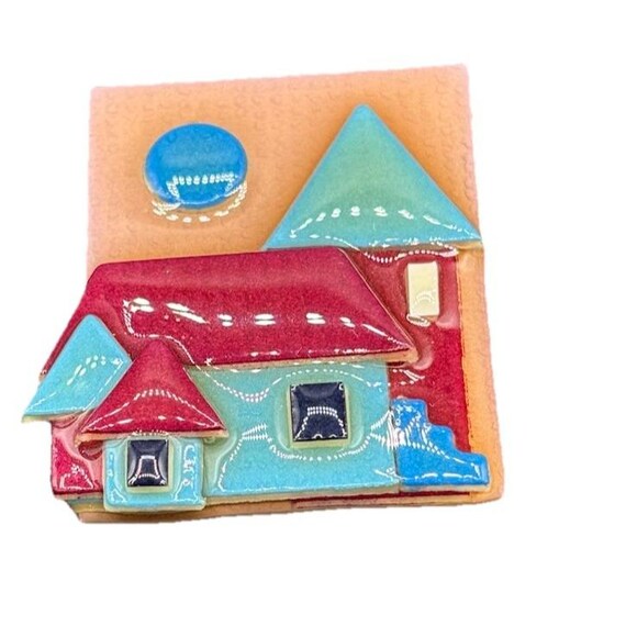 Lucinda House Pins Brooch Signed Colorful Cottage House Folk Art Handmade Resin