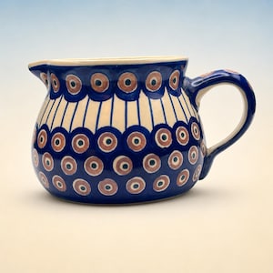 May include: A ceramic creamer jug featuring a rounded body and a side handle. The exterior is decorated with a repeating pattern of dark blue circles with brown centres, separated by vertical lines against a cream-coloured background.