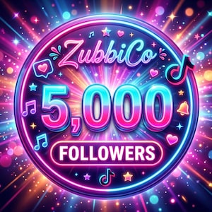 Può includere: Una vivace grafica in stile neon che celebra i 5.000 follower di ZubbiCo. Il design presenta una cornice circolare con il nome del marchio, il numero 5.000 e la parola "FOLLOWERS". Note musicali, cuori e stelle aggiungono al tema celebrativo.