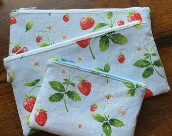 Strawberry Canvas Zipper Pouch | Cosmetic Bag | Cottagecore Makeup Pouch | Cute Pencil Case | Floral Fruit Travel Organizer | Gift for Her