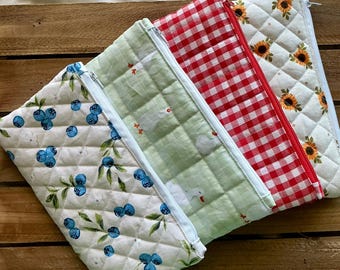 Farmers Market Collection | Handmade Quilted Zipper Pouch | Cottagecore Floral, Bookish Pencil Case, Cosmetic Bag