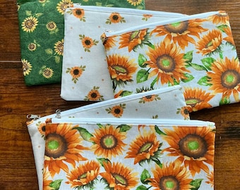 Sunflower Zipper Pouch | Mixed Sunflower Print Cosmetic Bag | Floral Makeup Pouch | Small Travel Organizer | Handmade Gift for Flower Lovers