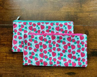 Strawberry Zipper Pouch | Handmade Fabric Zipper Bag | Cute Cosmetic Bag | Gift for Strawberry Lovers