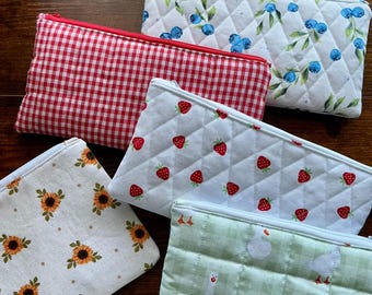 Farmers Market Collection | Handmade Quilted Zipper Pouch | Cottagecore Floral, Bookish Pencil Case, Cosmetic Bag