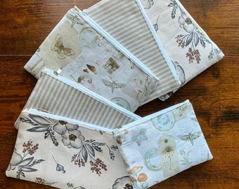 Neutral Canvas Collection | Cottagecore Floral, Vintage Nature & Beige Stripe Makeup Bag | Pencil Case | Travel Organizer | Handmade Gift