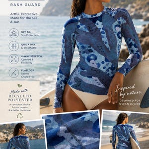 Könnte beinhalten: Ein blauer Rash Guard mit einem Aquarellmuster, mit langen Ärmeln und einem hohen Ausschnitt. Der Text "OCEAN Flow" und "RASH GUARD" sind sichtbar. Der Rash Guard ist für den Sonnenschutz konzipiert und besteht aus recyceltem Polyester.