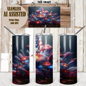 Peut inclure: Un design de sublimation représentant un drapeau américain rouge, blanc et bleu avec des feux d'artifice en arrière-plan. Le design est parfait pour un gobelet de 20 oz.