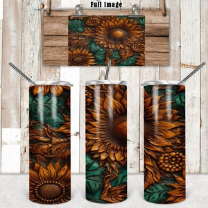 DIGITAL FILE Tooled Leather Sunflower Detail 20 oz Skinny Tumbler straight file.  Digital Design for Sublimation