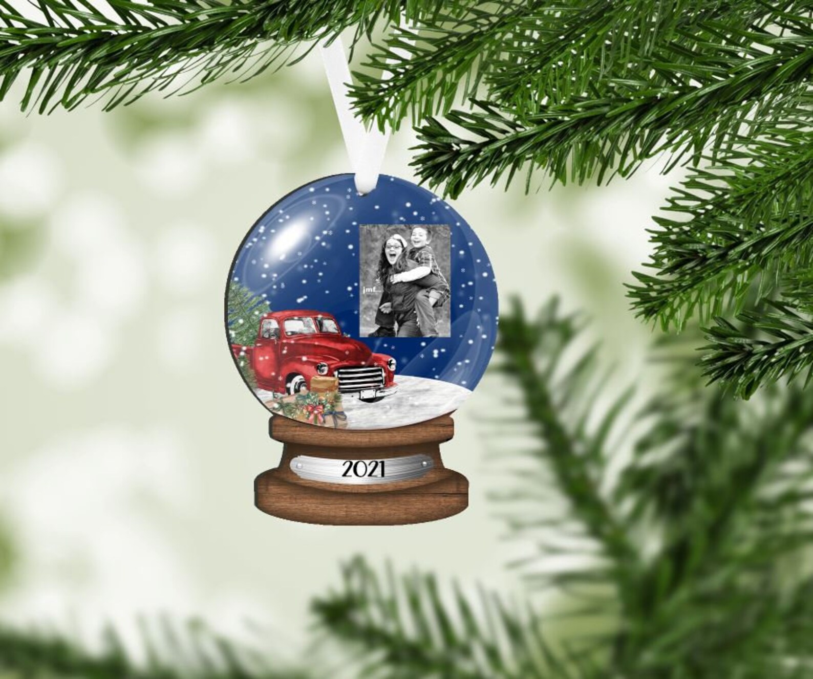 Red Truck Snow Globe With Picture Insert Ornament Digital Etsy
