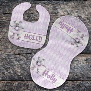 DIGITAL FILE  Purple Ballerina Teddy Bib and Burp Cloth Set Design for Sublimation