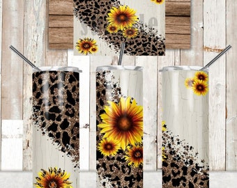 DIGITAL FILE Sunflower and Cheetah   20 oz Skinny Tumbler with straight and tapered files  Digital Design for Sublimation