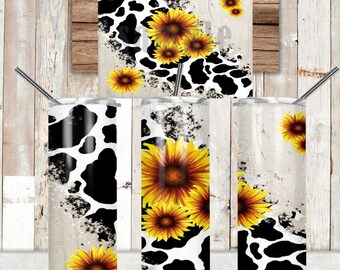 DIGITAL FILE Sunflower and Cow Print    20 oz Skinny Tumbler with both tapered and straight files  Digital Design for Sublimation