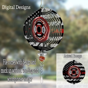 May include: A red, white, and black wind spinner with a firefighter's emblem in the center. The wind spinner is hanging from a crystal and a red bead. The image is labeled "Actual Image".