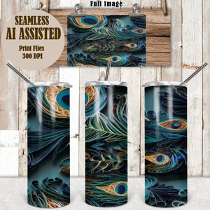 DIGITAL FILE AI Assisted Paper Quilling Peacock Feathers 20 oz Skinny Tumbler  Digital Design for Sublimation