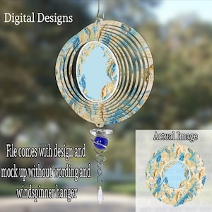 May include: A blue and beige wind spinner with a seahorse design. The wind spinner is hanging from a blue crystal bead and a silver chain.