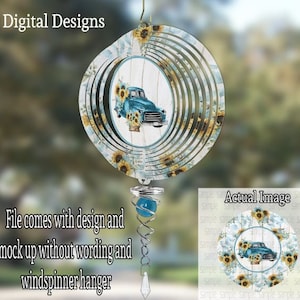 DIGITAL FILE Teal and Yellow Sunflower Truck  Solid Center Wind Spinner includes 6&quot; and 10&quot; Digital Design for Sublimation