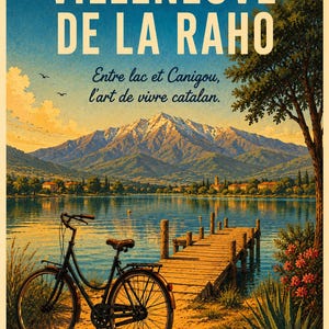 Könnte beinhalten: Vintage Reiseplakat für Villeneuve-de-la-Raho, Frankreich. Es zeigt ein Fahrrad auf einem Holzsteg mit Blick auf einen See, mit Bergen im Hintergrund. Das Plakat hat französischen Text und eine warme Farbpalette.
